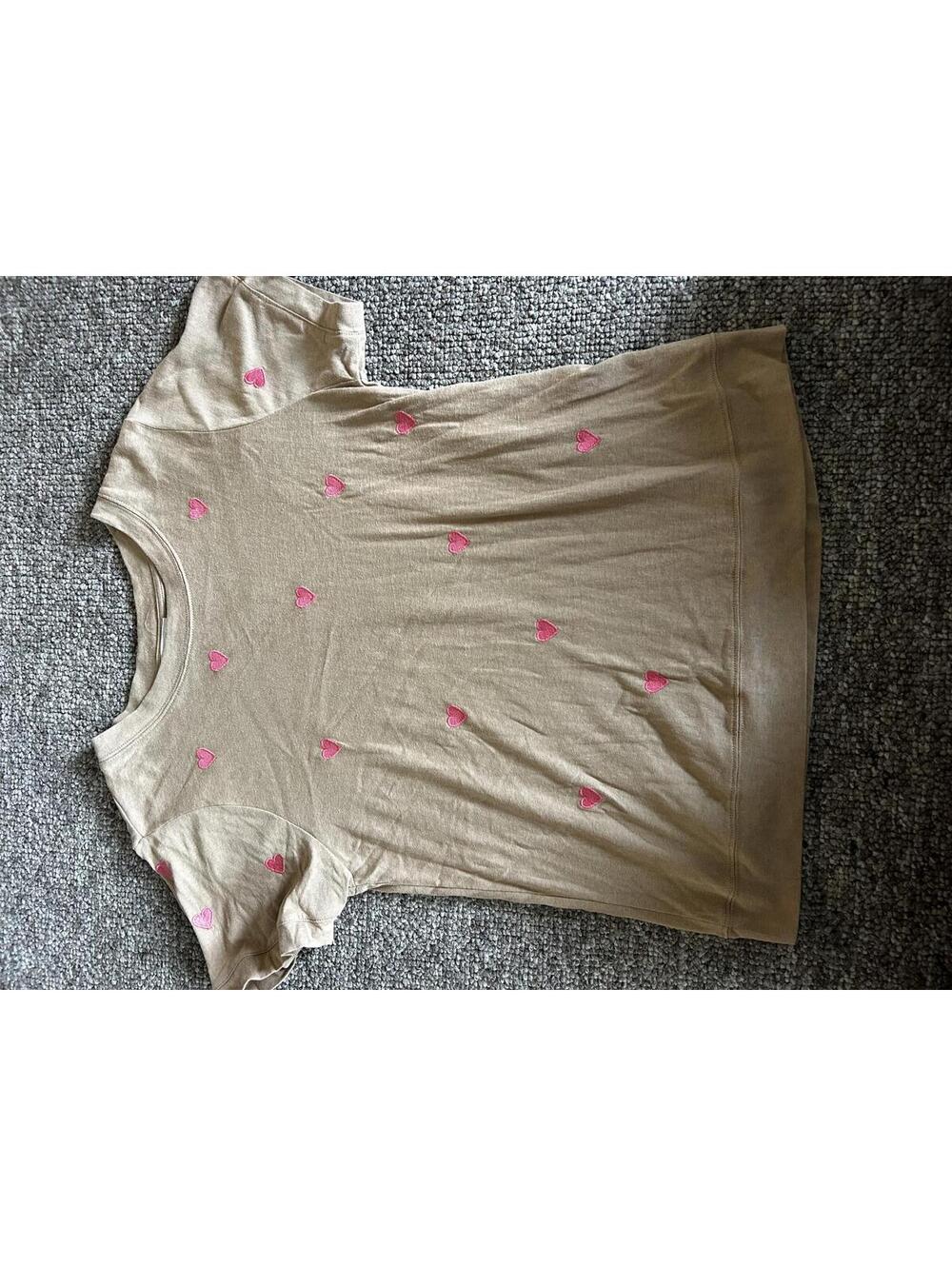 KORI Women's Beige T-Shirt with Pink Heart Embroidery
